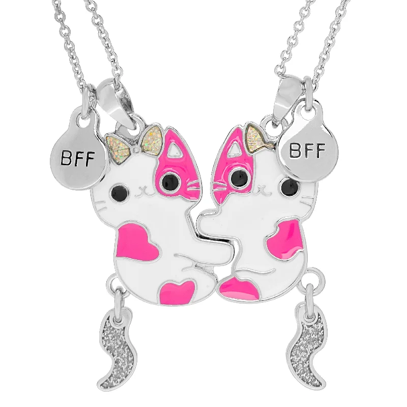 Luxury Silver Necklace-BFF Magnetic Cat Necklace Set - Pink