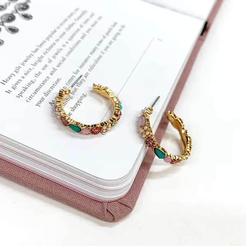 Dangle Earrings with Gems-Gold Tone Hoop Earrings with Multicolor Crystals