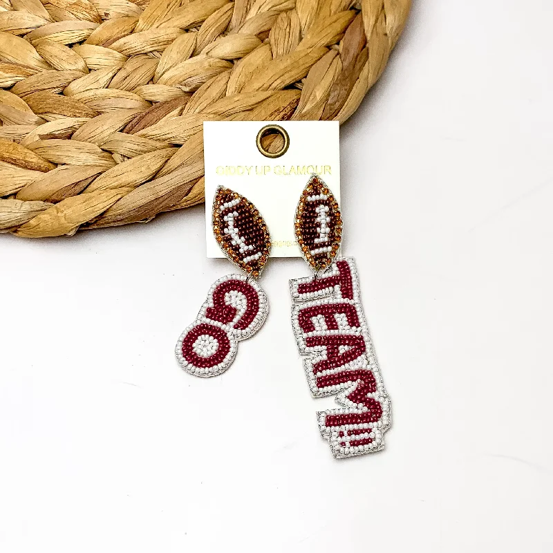 Small Dangle Earrings-"Go Team!!" Beaded Earrings With Football Posts in Maroon and White