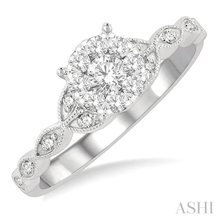 Classic Wedding Ring Set-1/3 ctw Marquise Shank Circular Lovebright Round Cut Diamond Engagement Ring in 14K White Gold