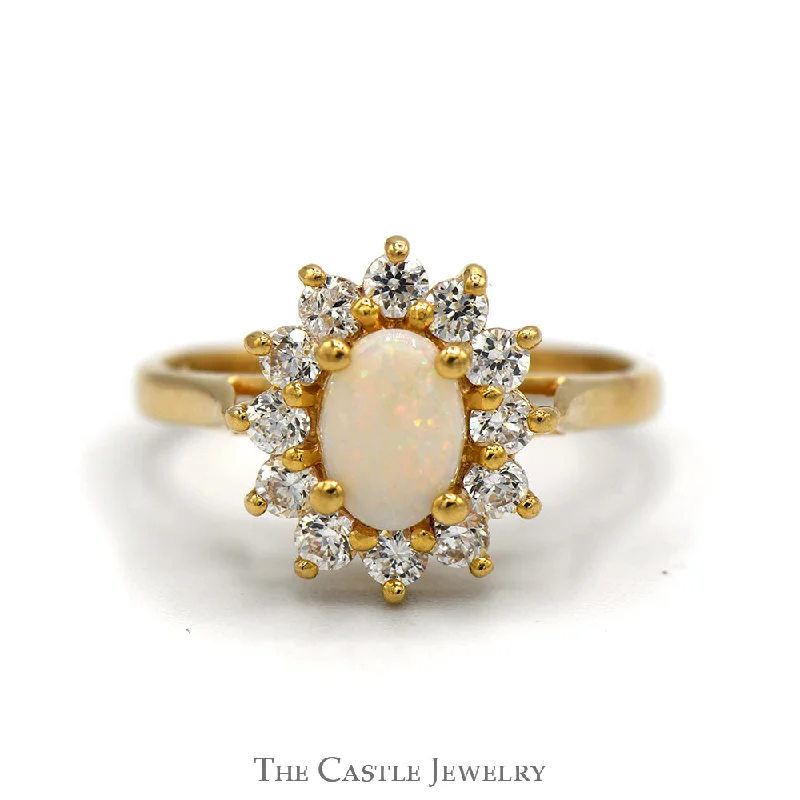 Elegant Wedding Ring for Bride-Oval Opal Ring with Cubic Zirconia Halo in 14k Yellow Gold