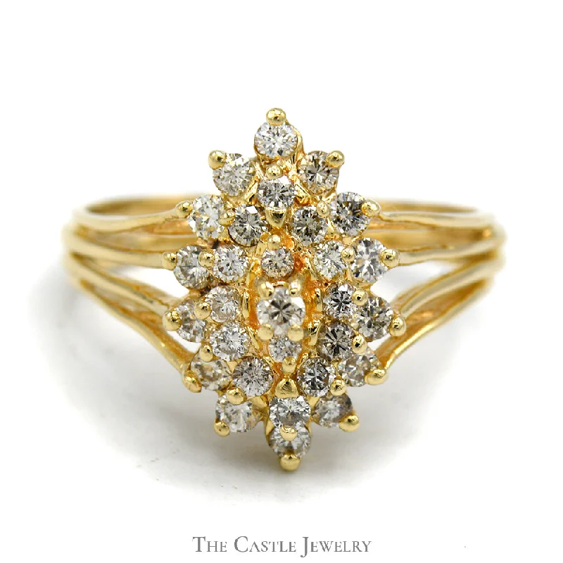 Gemstone Ring for Women-Marquise Shaped 1cttw Diamond Cluster Ring in 14k Yellow Gold Split Shank Setting