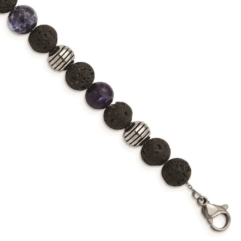 Trendy Gemstone Beaded Bracelet-Stainless Steel Antiqued & Polished Lava Stone/Sodalite w/1in ext Bracelet