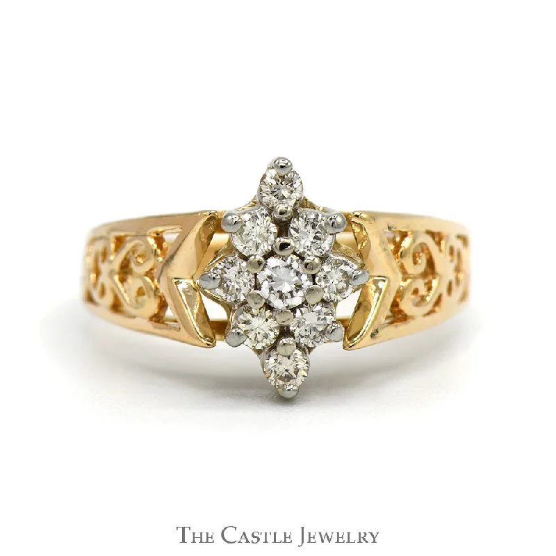 Women's Diamond Wedding Ring-1/2cttw Marquise Shaped 9 Diamond Cluster Ring with Open Filigree Sides in 10k Yellow Gold