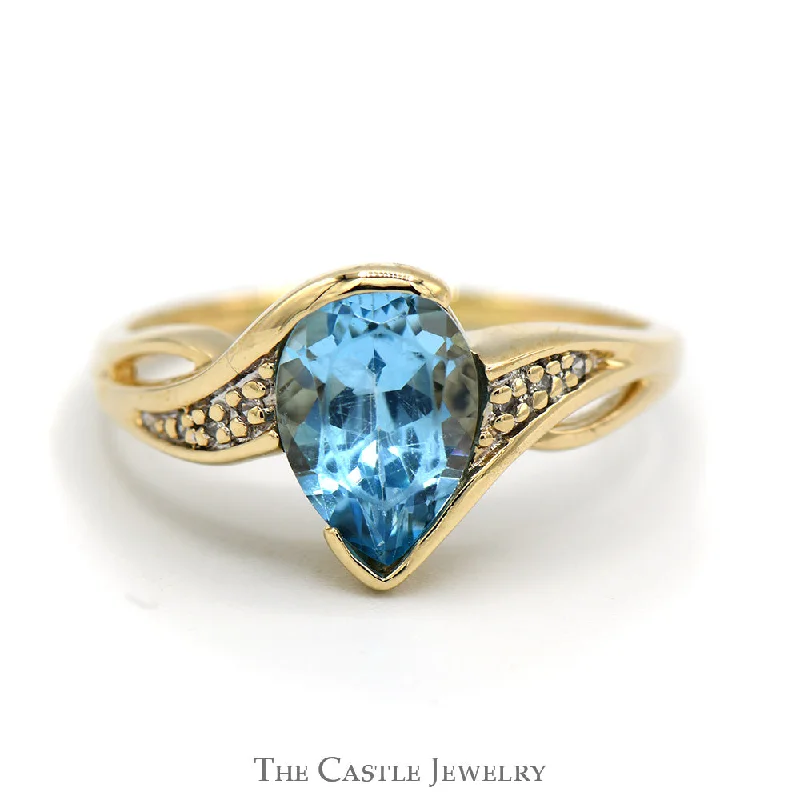 Custom Wedding Band with Diamonds-Pear Shaped Blue Topaz Ring with Illusion Set Diamond Accents in 10k Yellow Gold