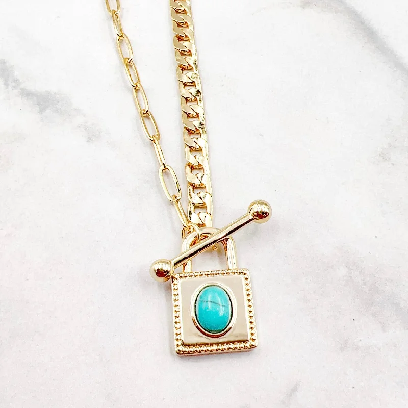 Double Chain Necklace-Square Turquoise Gold Necklace L4