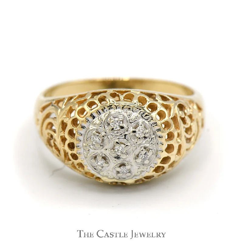 Wedding Ring Set with Gemstones-7 Diamond Kentucky Cluster Ring with Filigree Sides in 14k Yellow Gold