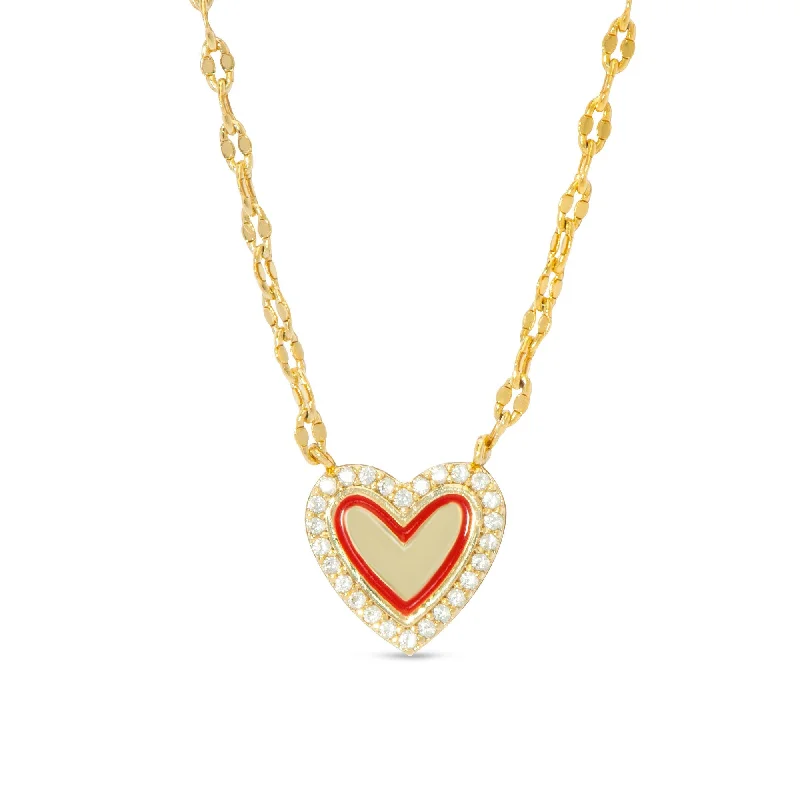 Classic Gold Necklace-Red Heart & CZ Necklace