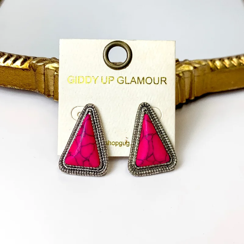 Modern Silver Drop Earrings-Western Silver Tone Faux Triangle Stone Earrings in Fuchsia Pink