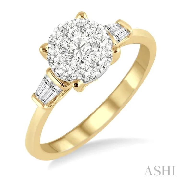 Platinum Diamond Ring-3/4 Ctw Round and Baguette Diamond Lovebright Engagement Ring in 14K Yellow and White gold