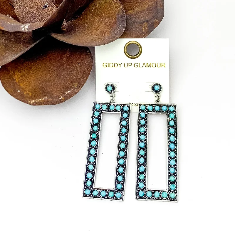 Classic Dangle Earrings-Silver Tone Rectangular Drop Earrings With Stones in Turquoise Blue