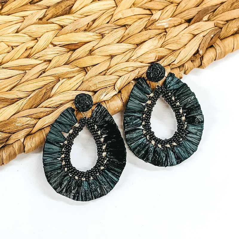 Ethnic Earrings for Women-Siesta Sunsets Raffia Wrapped Open Teardrop Earrings in Black