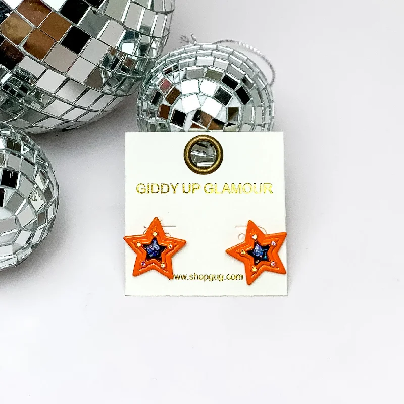 Vintage Wedding Earrings-Star Shaped Stud Earrings with AB Crystals in Orange