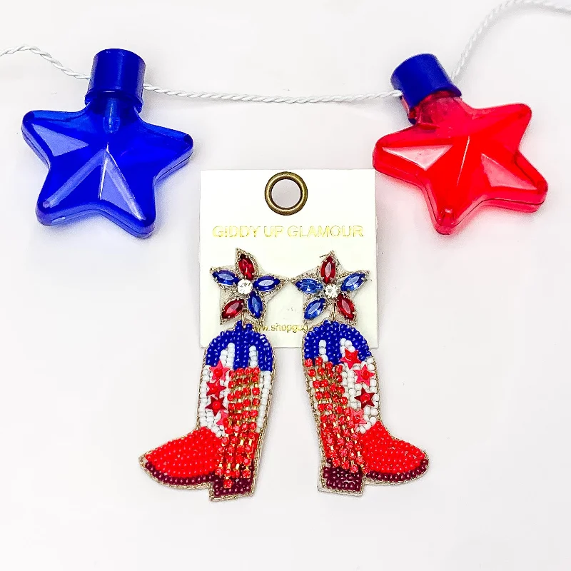 Chic Bridal Earrings-Patriotic Beaded Boot Earrings with Blue and Red Crystals