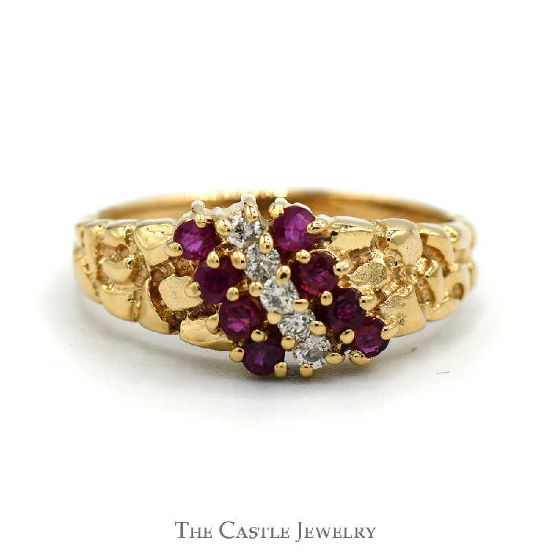 Dainty Gold Ring-Round Ruby & Diamond Cluster Ring with Nugget Style Mounting in 14k Yellow Gold