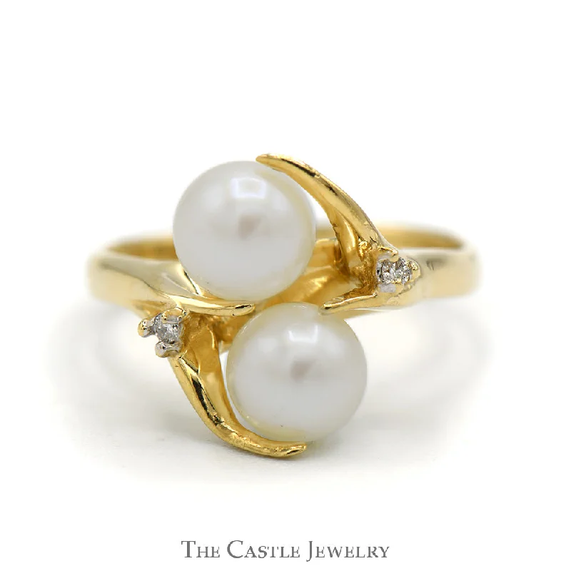 Modern Silver Wedding Band-Double Pearl Ring with Diamond Accents in 14k Yellow Gold Vine Designed Mounting