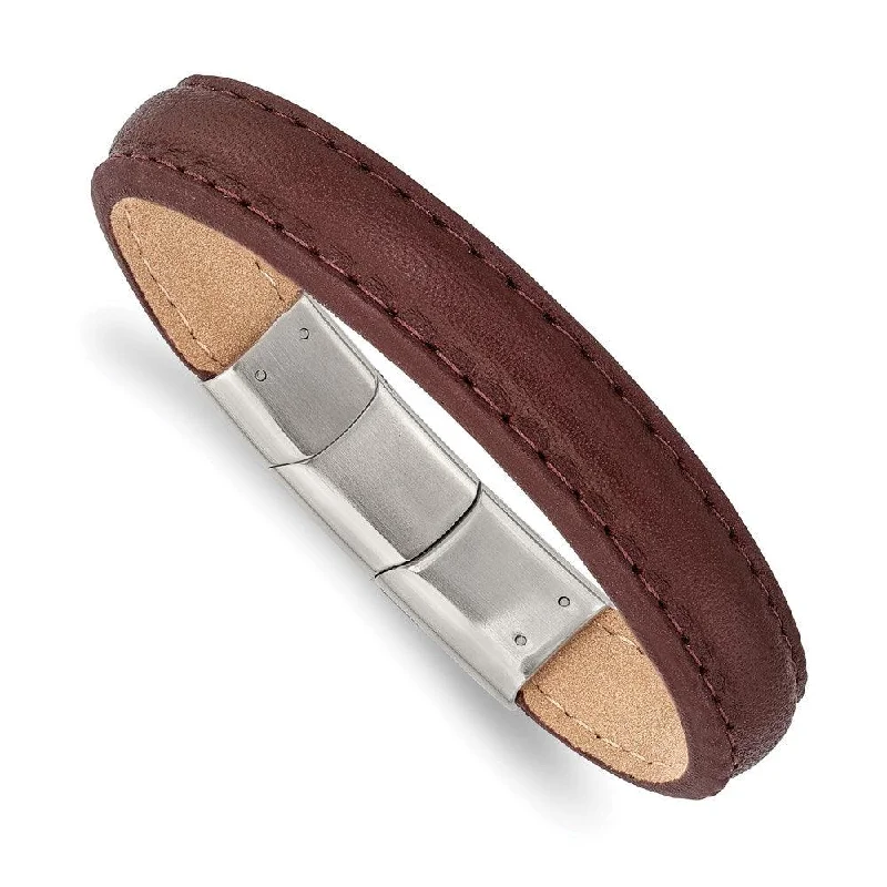 Luxury Adjustable Bracelet for Women-Stainless Steel Polished Brown Leather w/.5in ext 7.75in Bracelet