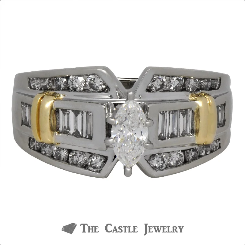 Modern Silver Wedding Band-Two Tone Marquise Bridal Ring with Accents Diamonds