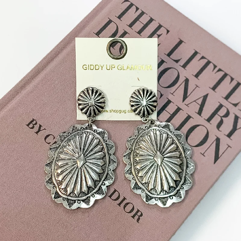 Designer Earrings for Women-Oval Concho Post Earrings in Silver Tone