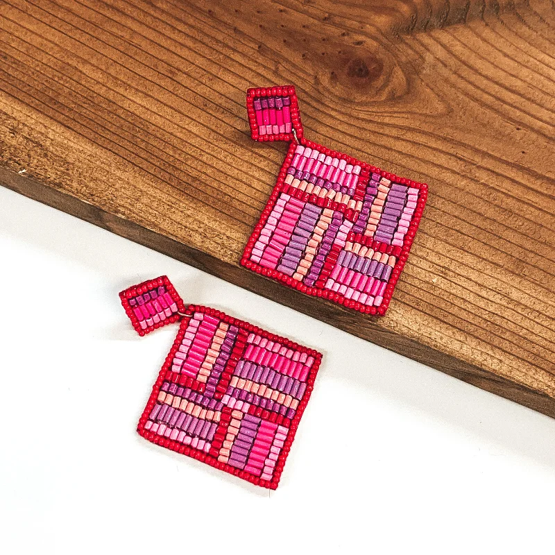 Vintage Dangle Earrings-Resort Life Beaded Square Drop Earrings with Square Design in Red