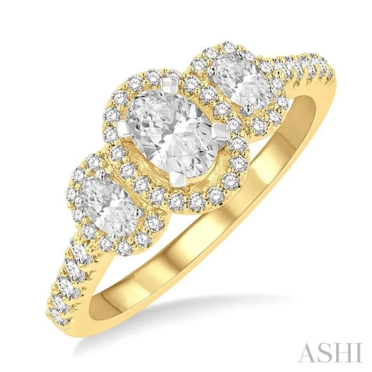 Designer Gold Ring-1 Ctw Past, Present & Future Round Cut Diamond Engagement Ring With 3/8 ct Oval Cut Center Stone in 14K Yellow and White Gold