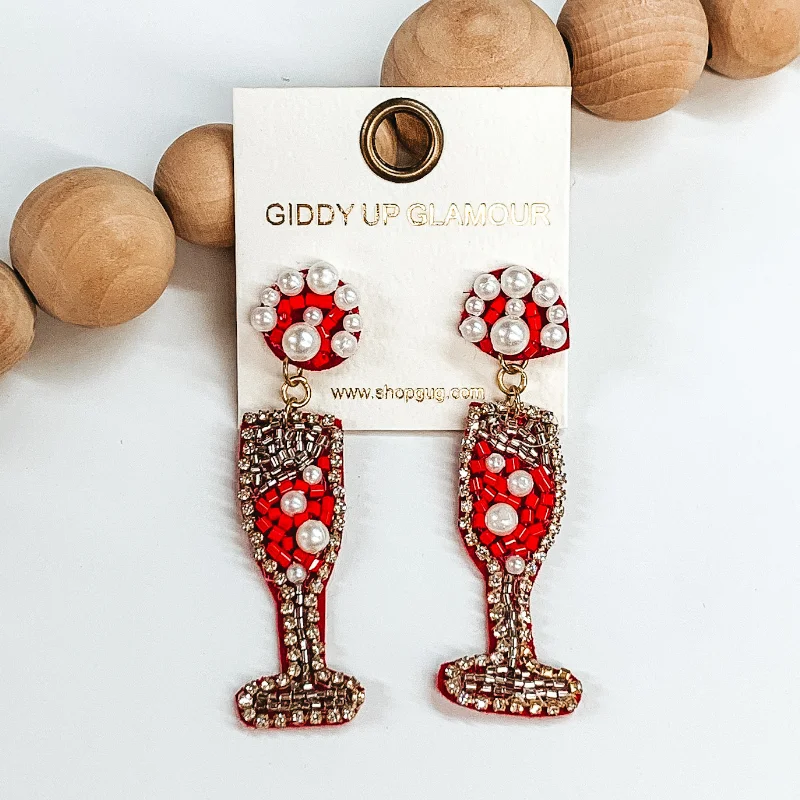 Elegant Wedding Earrings-Beaded Champagne Glass Post Earrings in Red