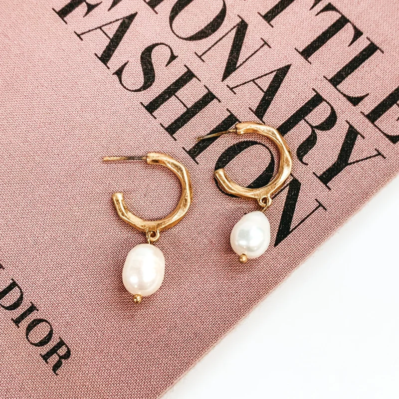 Trendy Dangle Earrings-Special Occasion Hoop Earring with Pearl Dangle in Worn Gold Tone