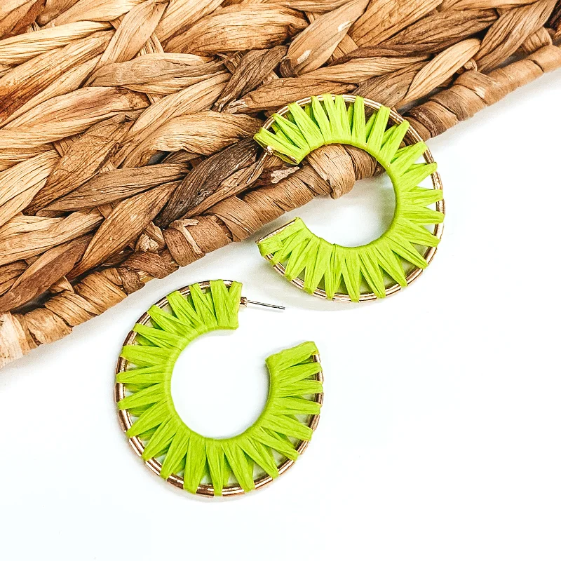 Nature Inspired Earrings-Cabana Bound Raffia Wrapped Gold Hoop Earrings in Lime Green