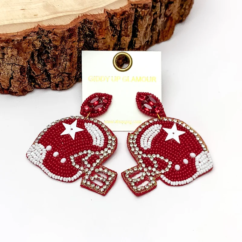 Unique Design Earrings-Beaded Football Helmet Earrings with a Clear Crystal Outline in Maroon