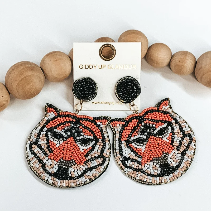 Sterling Silver Earrings for Women-Tiger Beaded Drop Earrings in Black and Orange