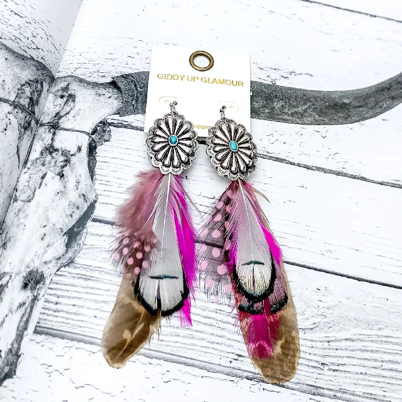 Modern Stud Earrings-Desert Doll Silver Tone Feather Earrings in Hot Pink