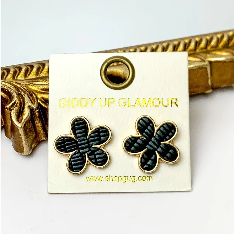 Vintage Earrings for Women-Textured Flower Earrings with Gold Tone Trim in Black