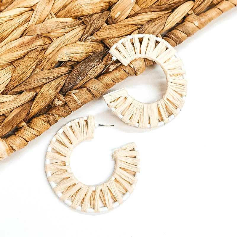 Wedding Jewelry Earrings-Cabana Bound Raffia Wrapped White Hoop Earrings in Ivory