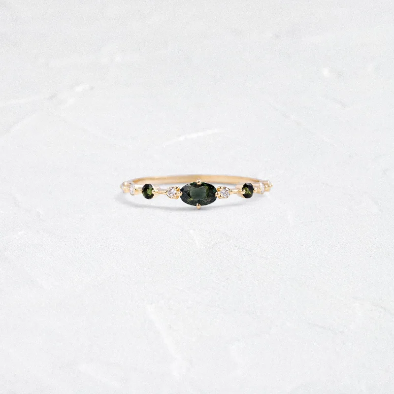 Stylish Engagement Ring-Scattered Distance Band, Deep Green Sapphire