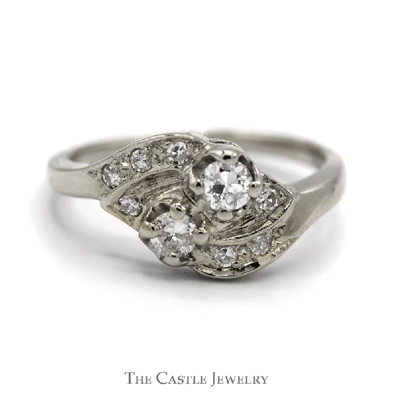 Beautiful Diamond Ring-Bypass Designed Antique Style Diamond Ring in 14k White Gold