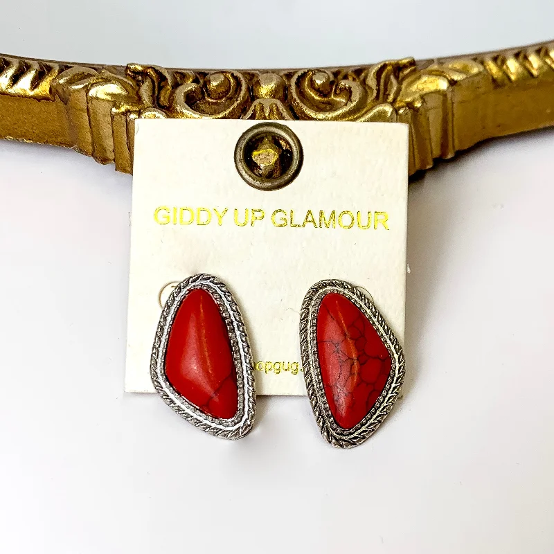 Dazzling Drop Earrings-Silver Tone Irregular Shaped Faux Stone Post Earrings in Dark Red