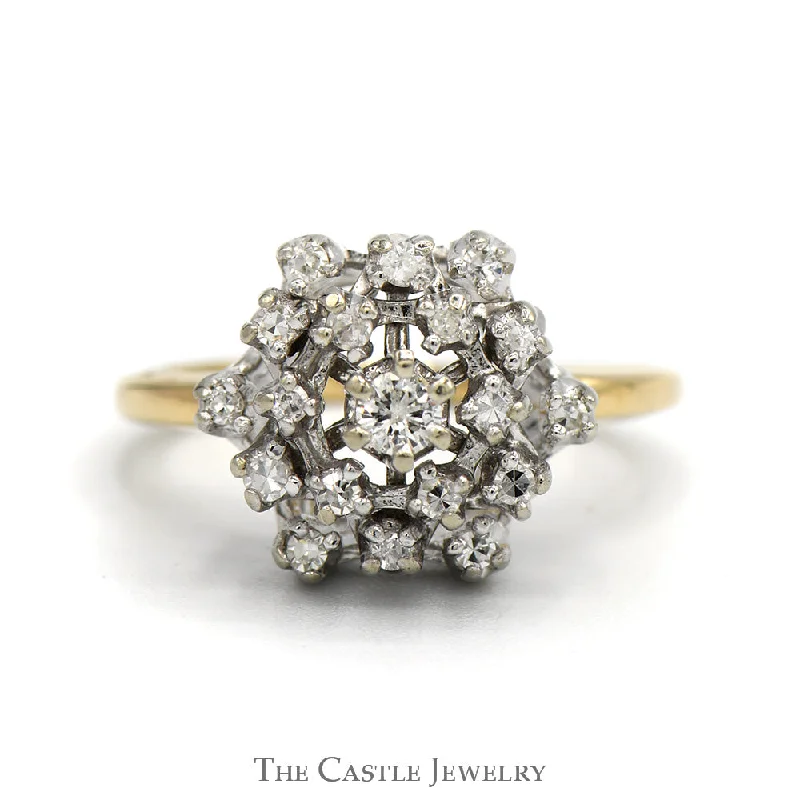 Silver Engagement Ring Set-Starburst .35cttw Diamond Cluster Ring in 14k Yellow Gold