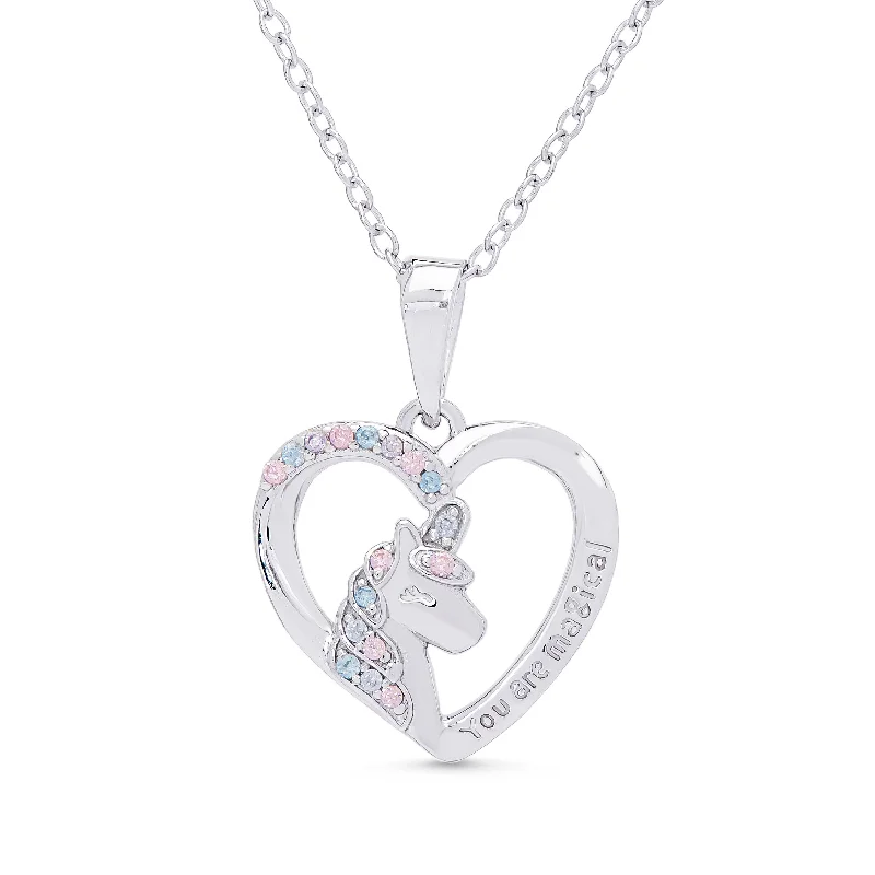 Luxury Beaded Necklace-'You Are Magical' Unicorn Heart CZ Necklace in Sterling Silver