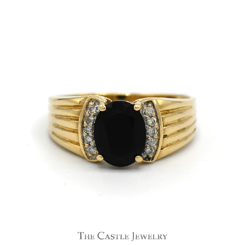 Personalized Wedding Ring-Oval Black Onyx Ring with Diamond Accented Sides in 10k Yellow Gold Ridged Mounting