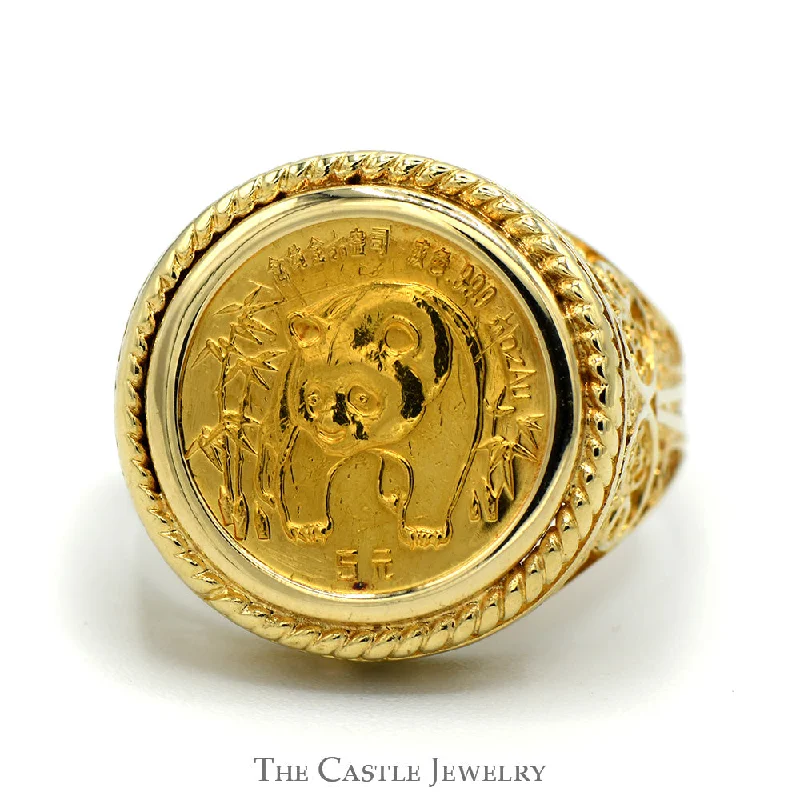 Stylish Engagement Ring-1986 Panda Gold Coin Ring in 14k Yellow Gold Open Filigree Mount