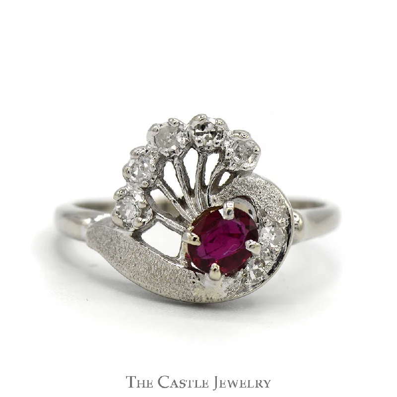 Custom Wedding Band-Vintage Style Round Ruby Ring with 1/4cttw Diamond Accented Spokes in 14k White Gold