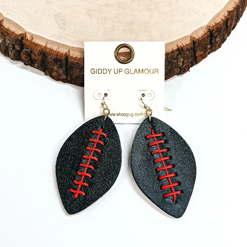 Elegant Gemstone Earrings-Faux Leather Football Earrings in Black and Red