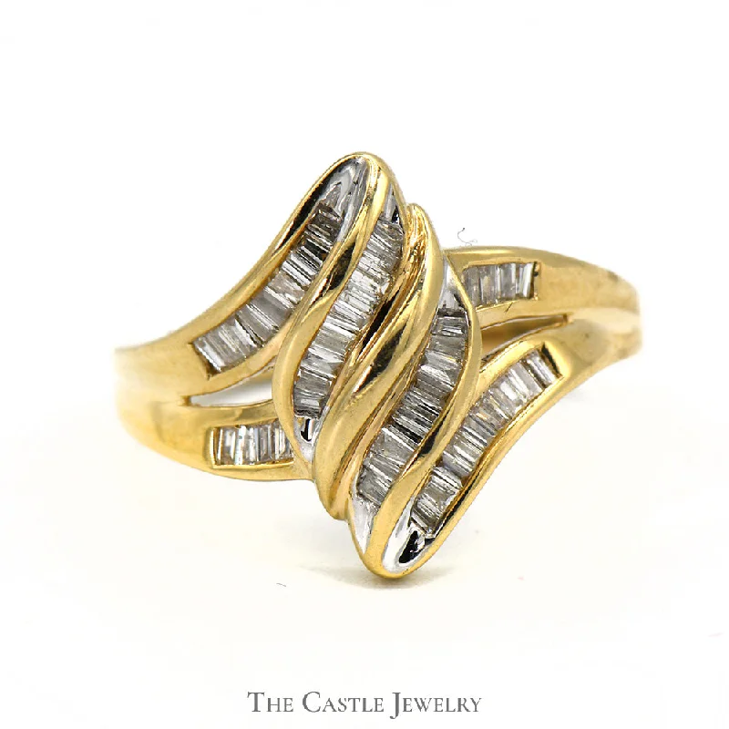 Custom Birthstone Ring-Marquise Shaped Multi Row Channel Set Baguette Diamond in 14k Yellow Gold Split Shank Setting