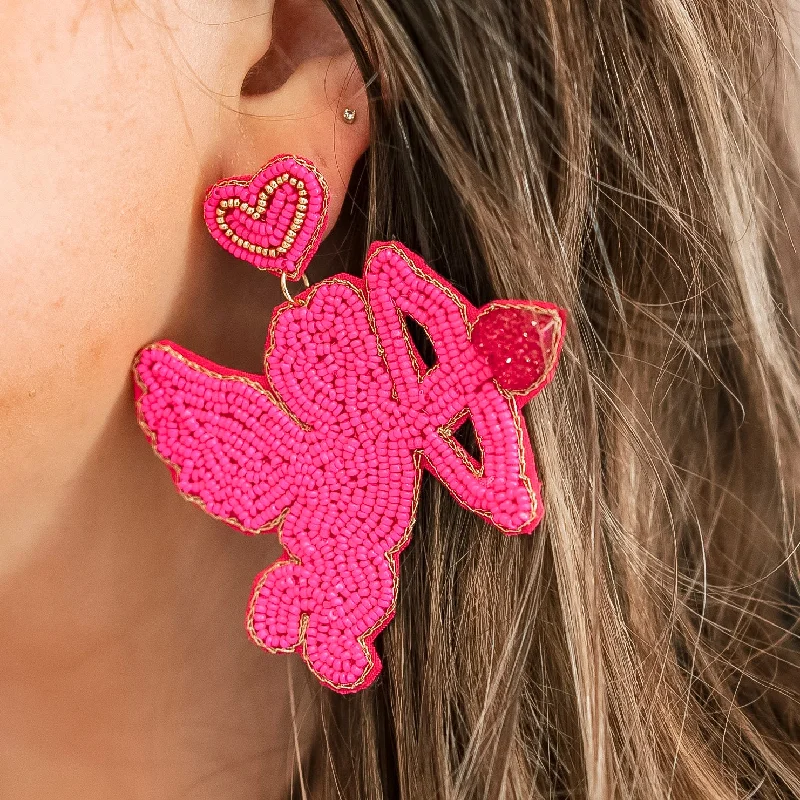 Custom Earrings for Bridesmaids-Heart Post Beaded Cupid Earrings with Heart Arrow in Fuchsia Pink