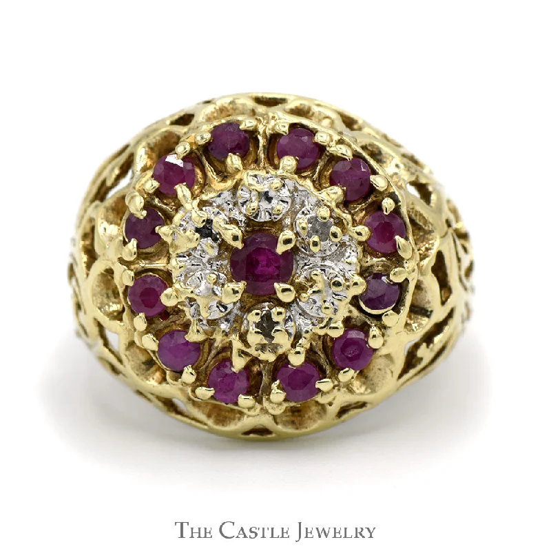 Classic Wedding Ring for Couples-Ruby and Diamond Kentucky Cluster Ring with Filigree Sides in 10k Yellow Gold