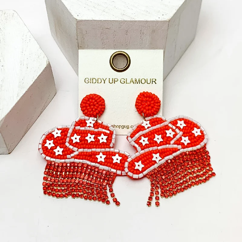 Silver Earrings with Diamonds-Gameday Beaded Cowboy Hat Earrings with White Crystal Fringe in Orange and White