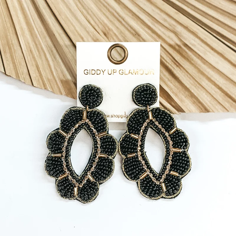 Dainty Earrings for Women-Sweet as Blooms Beaded Open Oval Drop with a Scalloped Edge in Black