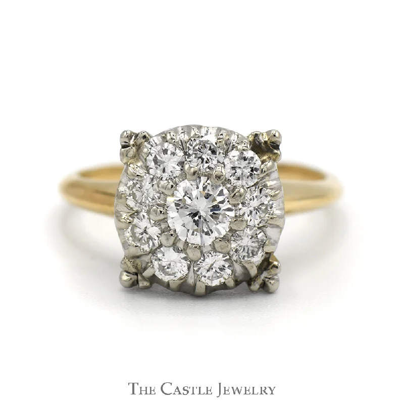 Personalized Engagement Ring-1cttw Round Shaped Diamond Cluster Ring in 14k Yellow Gold