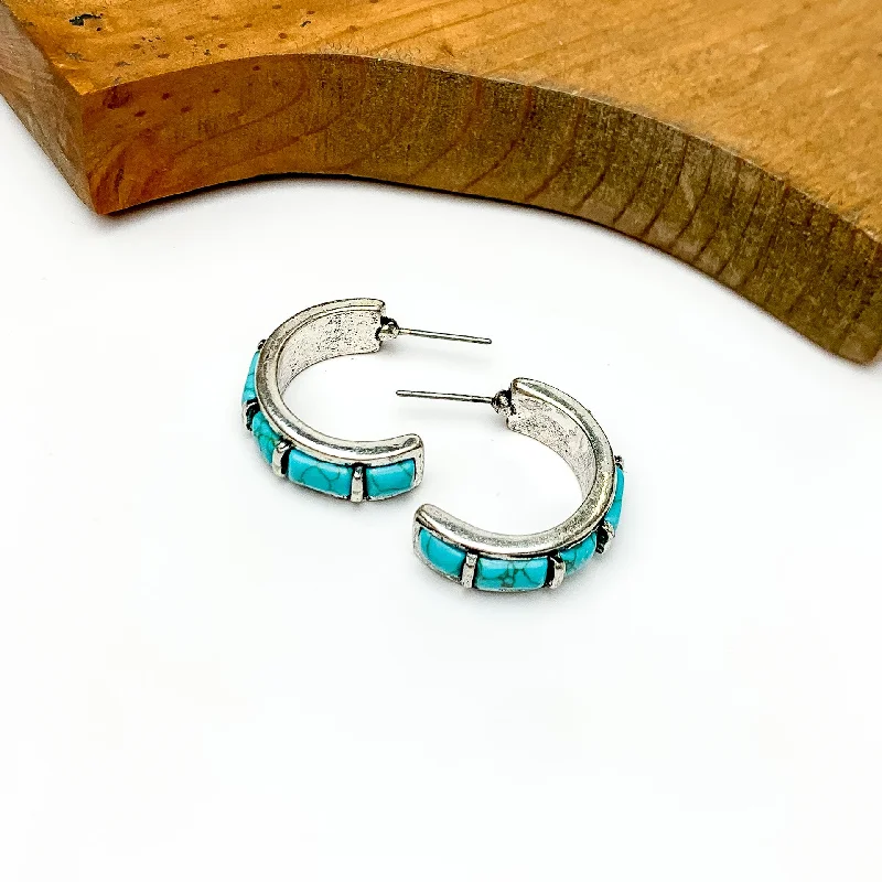 Trendy Earrings for Bridesmaids-Medium Turquoise and Silver Tone Hoops