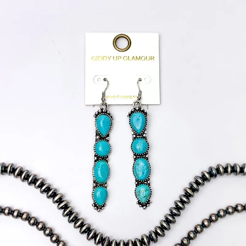 Trendy Dangle Earrings-Western Connection Silver Tone Earrings With Four Stones in Turquoise